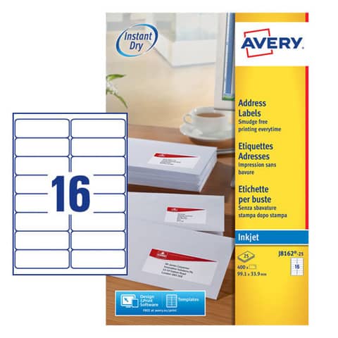 Etichette bianche per buste AVERY QuickDRY™ 99,1x33,9 mm - 16 et/foglio - stampanti inkjet - cf. 25 fogli J8162-25